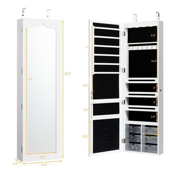 Costway Pure Beauty White Hanging Jewelry Mirror Cabinet