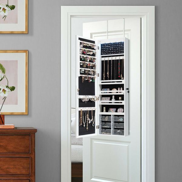 Costway Pure Beauty White Hanging Jewelry Mirror Cabinet
