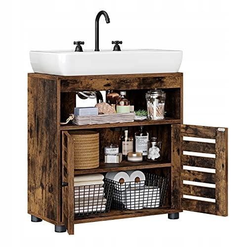 Leobert Chalet bathroom vanity cabinet with louvered doors in Loft style, brown