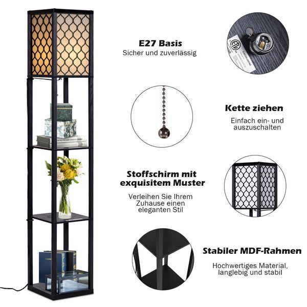 Costway Lumina Solo Lattice 160 shelving floor lamp with decorative shades, 3 loft-style shelves, black