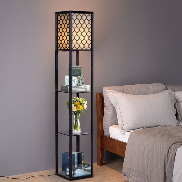 Costway Lumina Solo Lattice 160 shelving floor lamp with decorative shades, 3 loft-style shelves, black