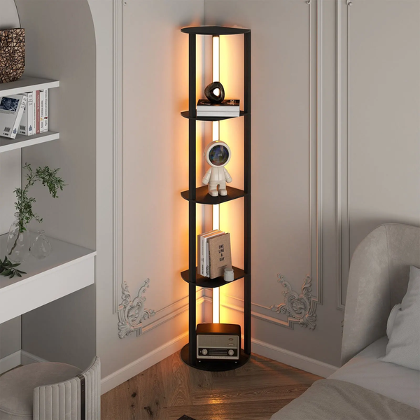 Costway Lumina Curve Rota corner shelving floor lamp with LED lighting, four shelves, loft style, black