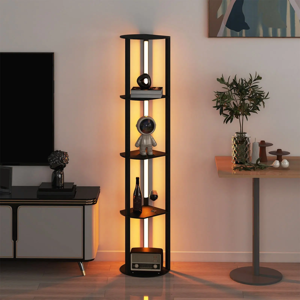 Costway Lumina Curve Rota corner shelving floor lamp with LED lighting, four shelves, loft style, black