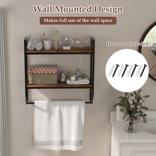 Навесная полка Costway Loft Wall Shelf для ванной с держателем для полотенец лофт коричневая &mdash; фото