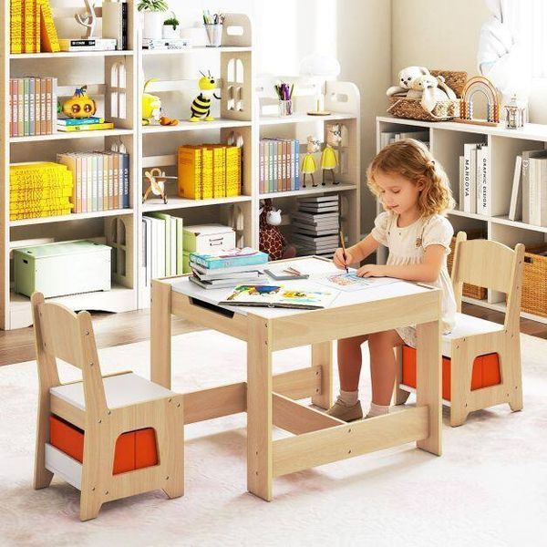 Комплект детской мебели Costway Kids Play 3-in-1 Desk стол и 2 стула с двусторонней столешницей-д &mdash; фото