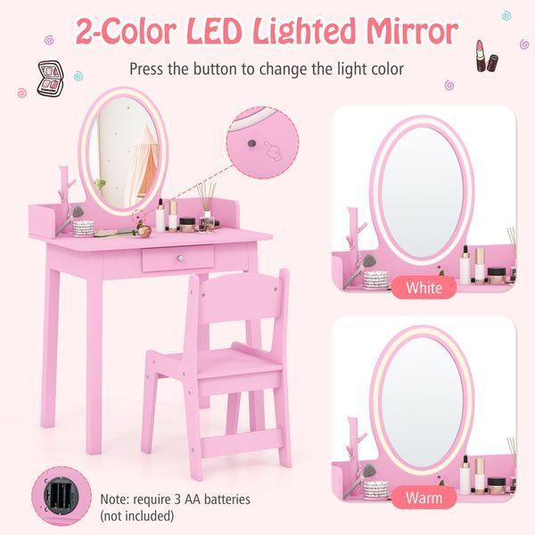 Costway Princess Glow Kids' Vanity Table with Stool and LED Lighting, Pink