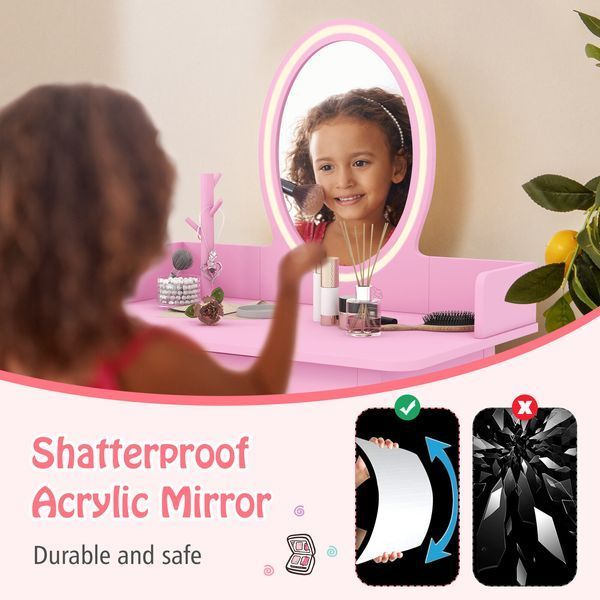 Costway Princess Glow Kids' Vanity Table with Stool and LED Lighting, Pink