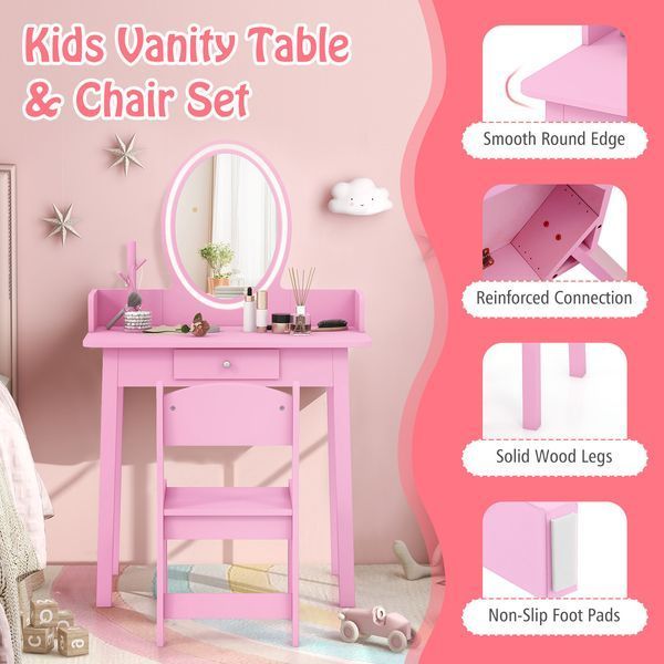 Costway Princess Glow Kids' Vanity Table with Stool and LED Lighting, Pink
