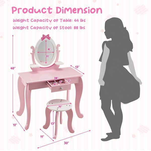 Costway Children's Vanity Table with 1 Drawer and Chair, Pink