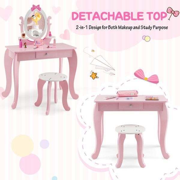 Costway Children's Vanity Table with 1 Drawer and Chair, Pink