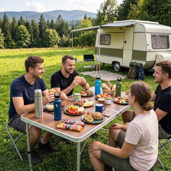 Springos CS0178 Camping Furniture Set, Folding, Table and 4 Chairs, Brown-Grey