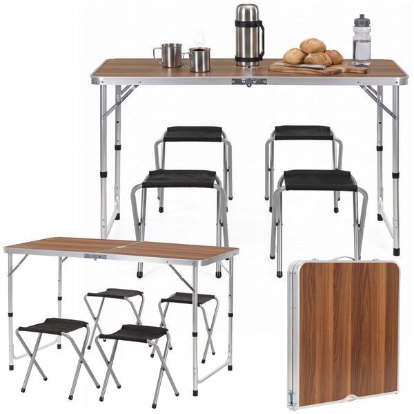 Springos CS0178 Camping Furniture Set, Folding, Table and 4 Chairs, Brown-Grey
