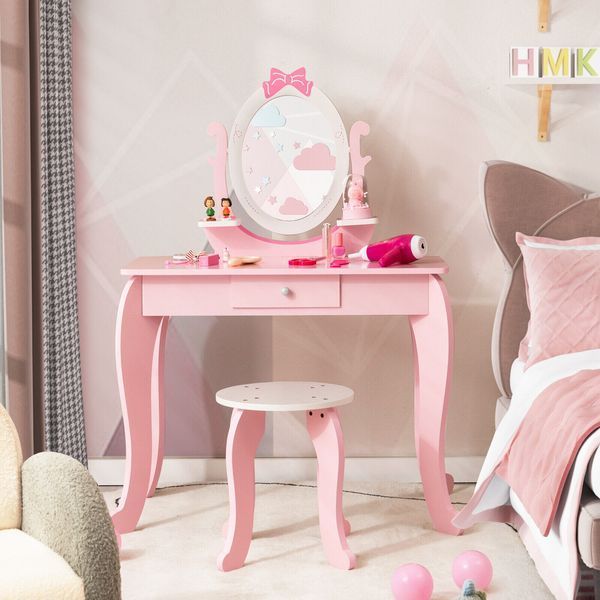 Costway Children's Vanity Table with 1 Drawer and Chair, Pink