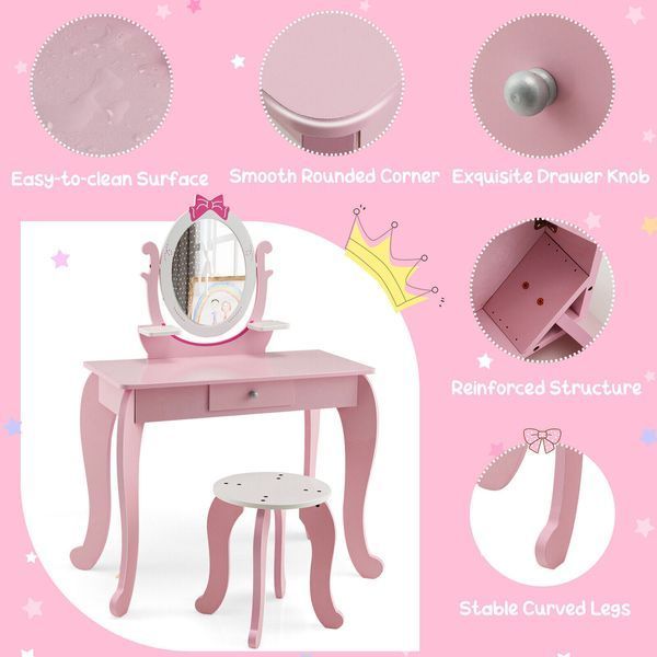 Costway Children's Vanity Table with 1 Drawer and Chair, Pink