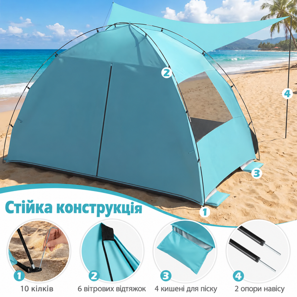 Пляжный тент-палатка Pop-Up Costway самораскладывающийся от солнца 3-4-местный голубой &mdash; фото