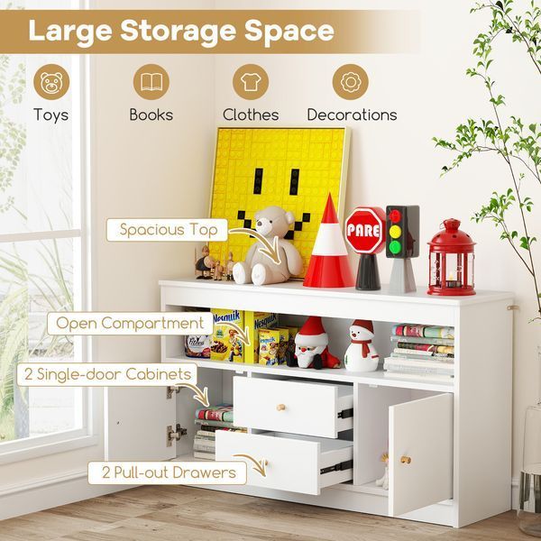 Costway Toy Storage Sideboard for Kids&rsquo; Toys and Books with Drawers and Doors, White