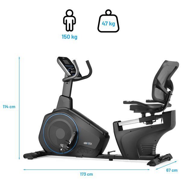 Gymtek XBR6000 Electromagnetic Recumbent Exercise Bike, Up to 150 kg, Blue