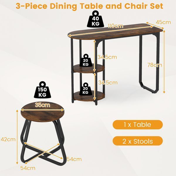 Комплект меблів Costway Boston Bistro Set стіл із полицями та 2 табурети лофт, коричневий KC59191CF фото