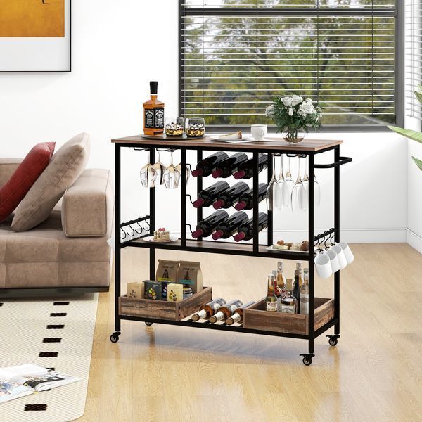 Costway WineCart serving cart with wine rack and loft-style drawers, brown
