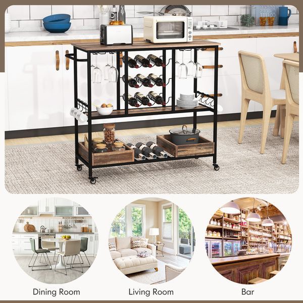 Costway WineCart serving cart with wine rack and loft-style drawers, brown