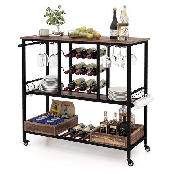 Costway WineCart serving cart with wine rack and loft-style drawers, brown
