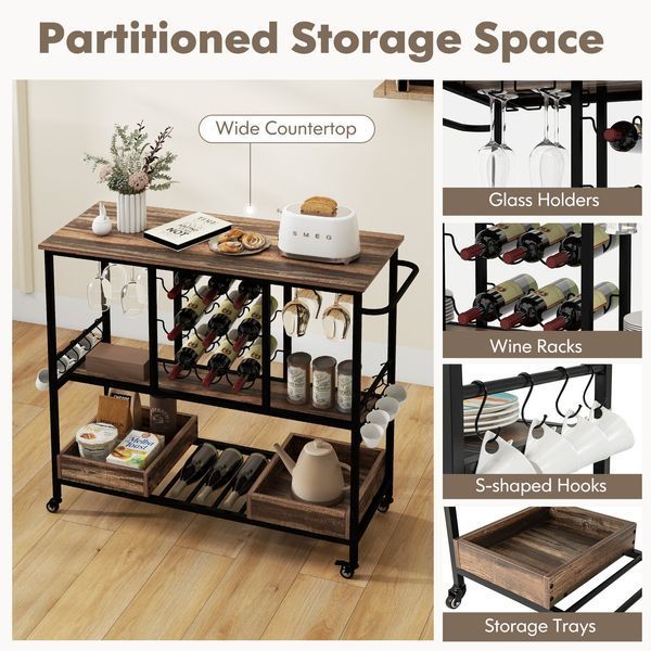 Costway WineCart serving cart with wine rack and loft-style drawers, brown