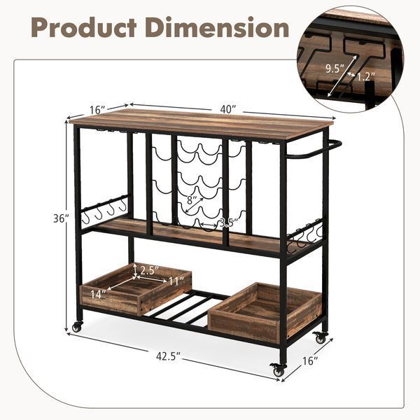Costway WineCart serving cart with wine rack and loft-style drawers, brown