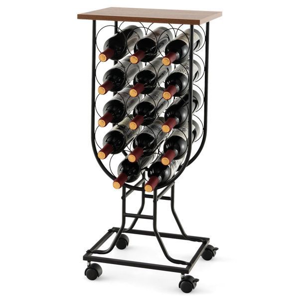 Costway Mobile Sommelier wine rack on wheels, glass-shaped, for 14 bottles, brown