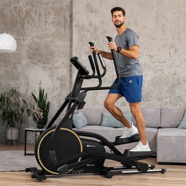 Орбітрек Hop-Sport HS-250CF Jucon чорно-золотистий, електромагнітний, до 150 кг, золотисто-синій &mdash; фото
