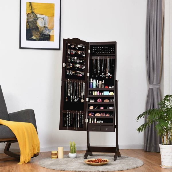 Costway Antique Floor-Standing Jewelry Cabinet Mirror, Brown