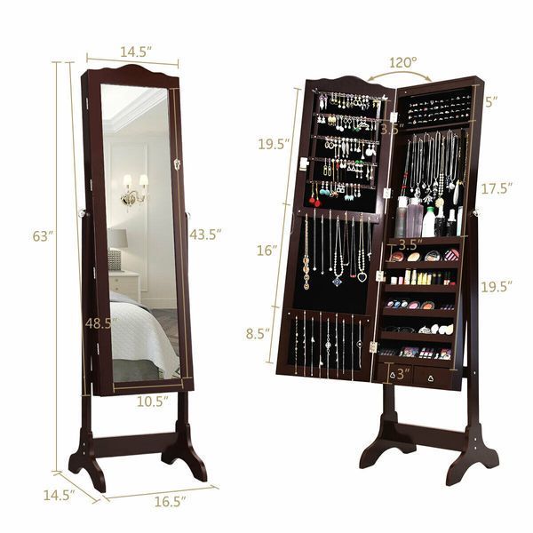 Costway Antique Floor-Standing Jewelry Cabinet Mirror, Brown
