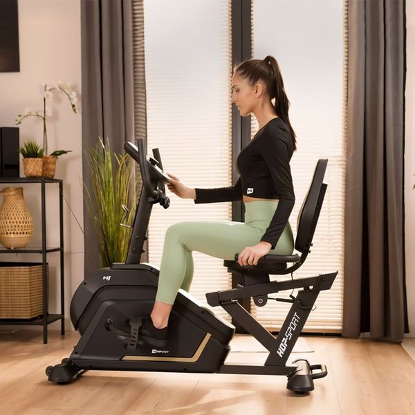 Hop-Sport HS-120L Ravel Recumbent Exercise Bike, Electromagnetic, Up to 120 kg, Black and Gold
